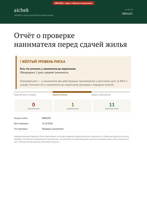 Обложка образца отчёта: проверка нанимателя — У нанимателя долг за ЖКУ и два штрафа у приставов