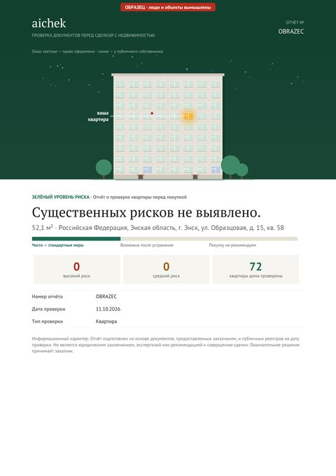 Обложка образца отчёта: квартира без рисков — Продавец владеет 13 лет, документы на руках — рисков не нашли