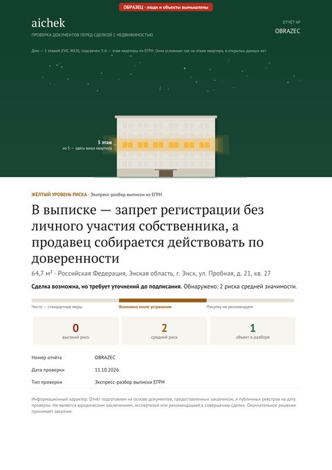 Обложка образца отчёта: разбор присланной выписки — В выписке запрет сделок без личного участия, а продавец придёт по доверенности
