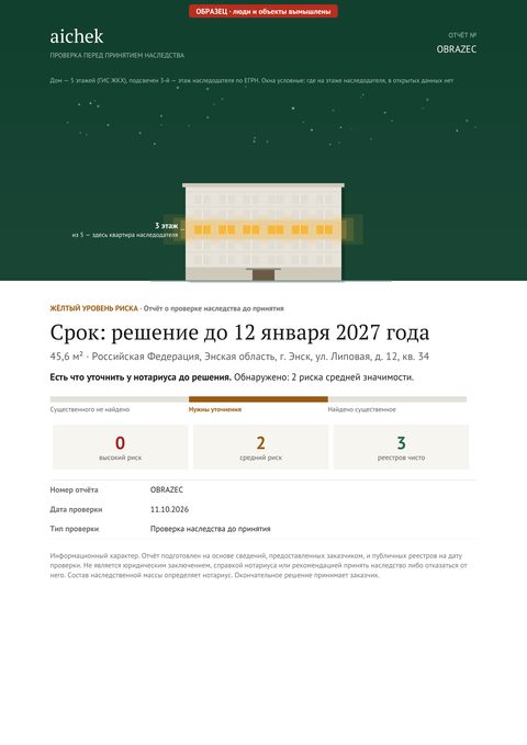Обложка образца отчёта: наследство до принятия — Сын проверяет долги отца до решения о наследстве