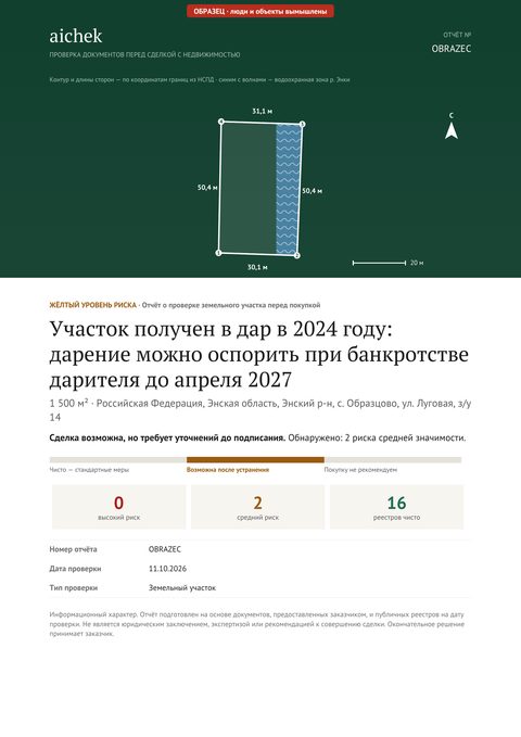 Обложка образца отчёта: земельный участок — Участок получен в дар в 2024 году