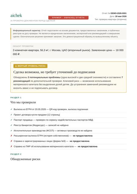 Пример отчёта проверки квартиры aichek
